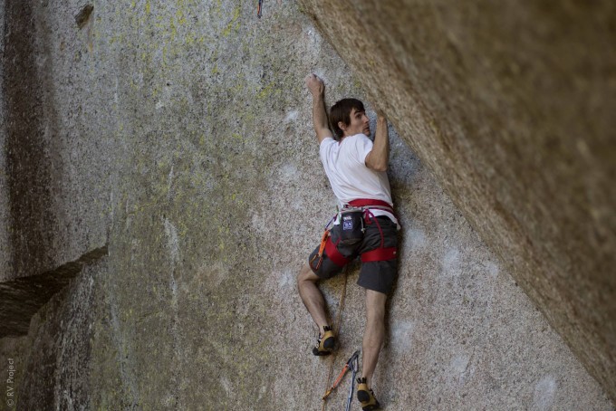 Ethan Pringle working Dreamcatcher (5.14d) in summer 2014. You can see how much he wants that overhanging wall to go away.