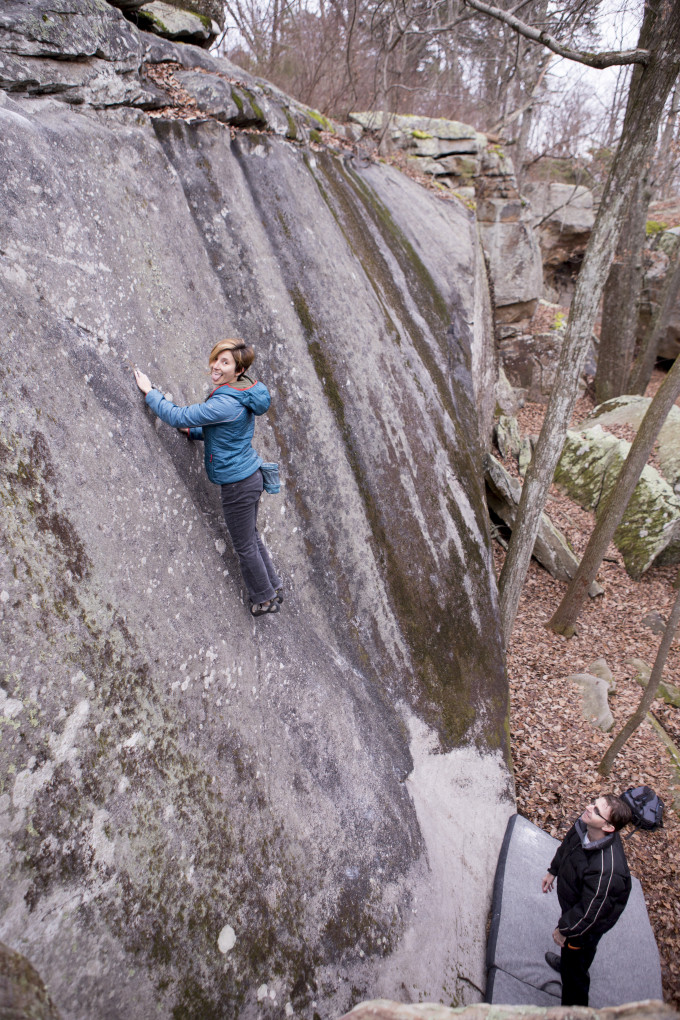 Vikki working on her head game on The Rib, a classic V1 slab with some height. 